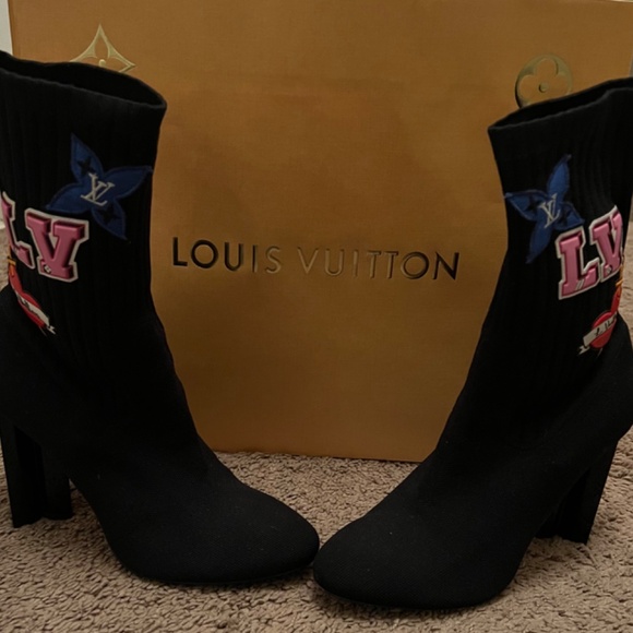 Stretch Fabric LV Black Heart Sock Ankle Boots 41 Black - Picture 2 of 5